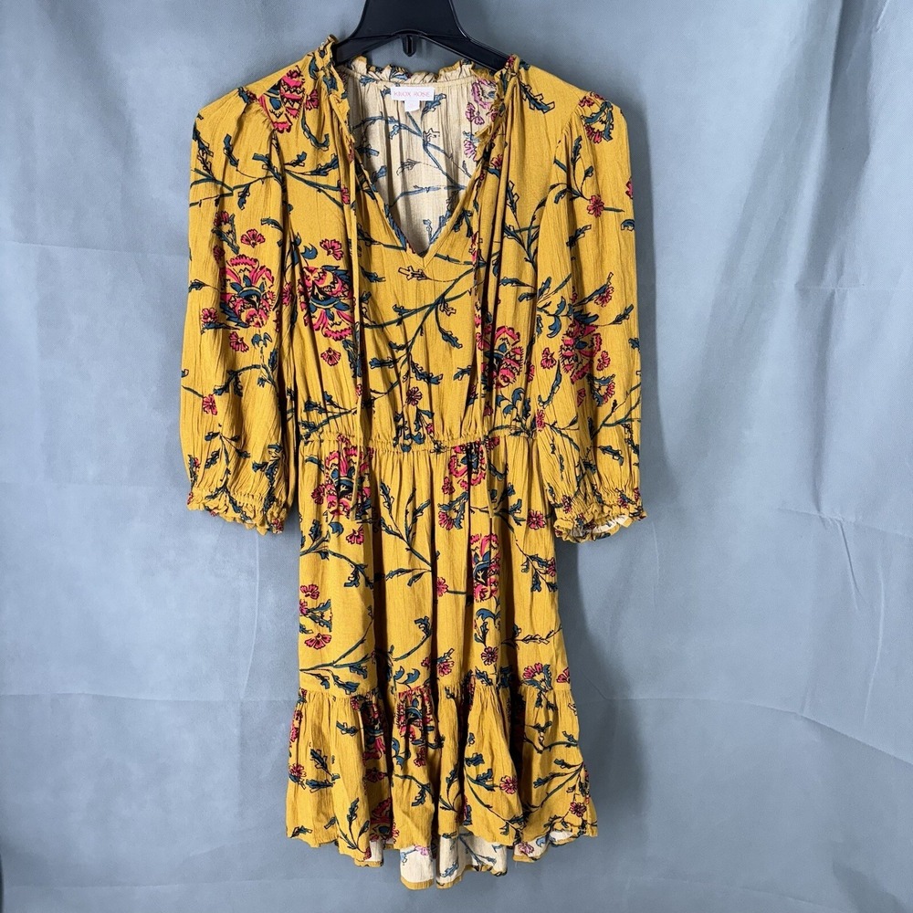 Knox Rose Dress Womens X-Small Mustard Yellow Floral Ruffle 3/4 Sleeve V-Neck